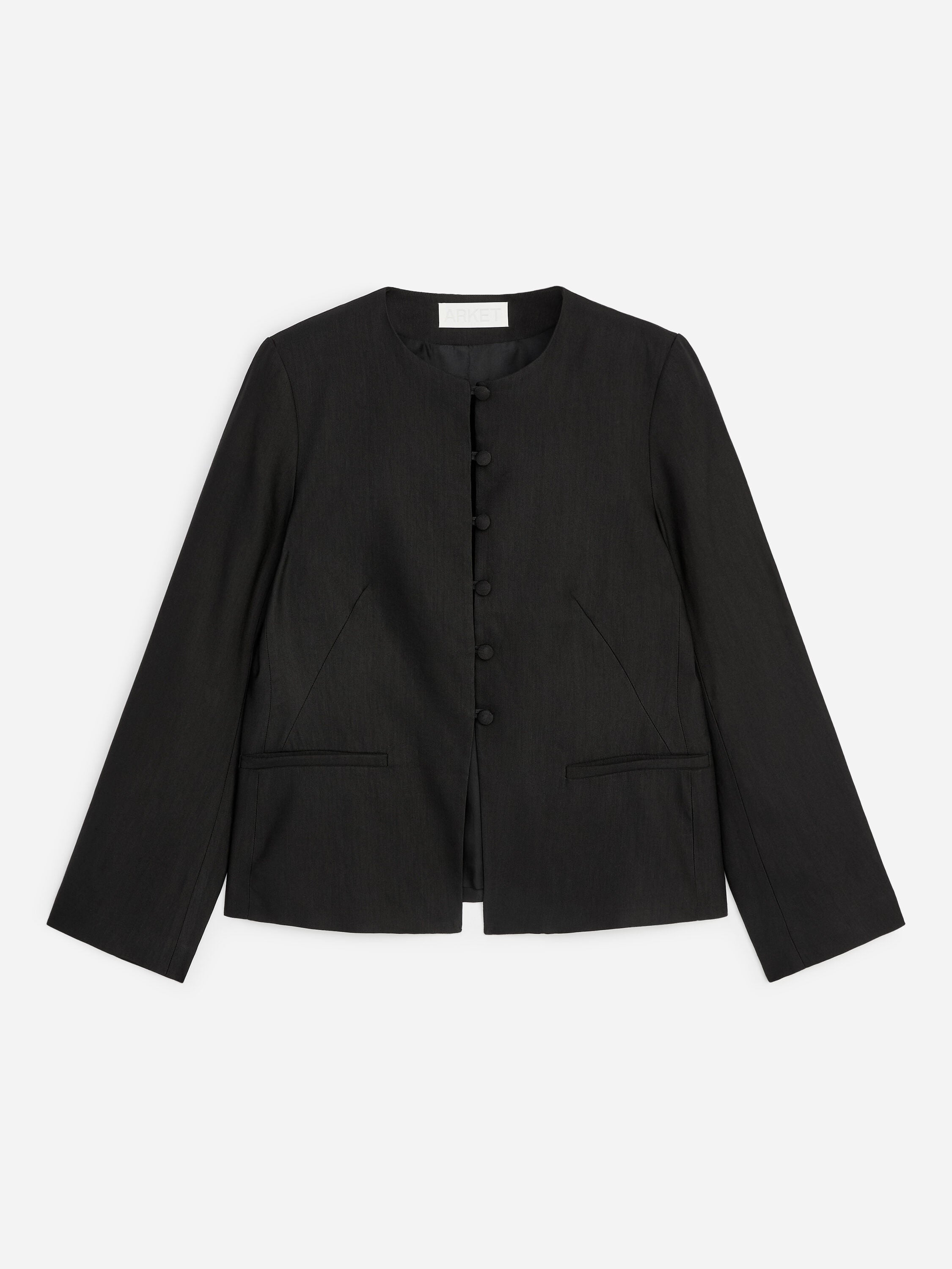 Linen-Blend Collarless Blazer - Black - Image 5