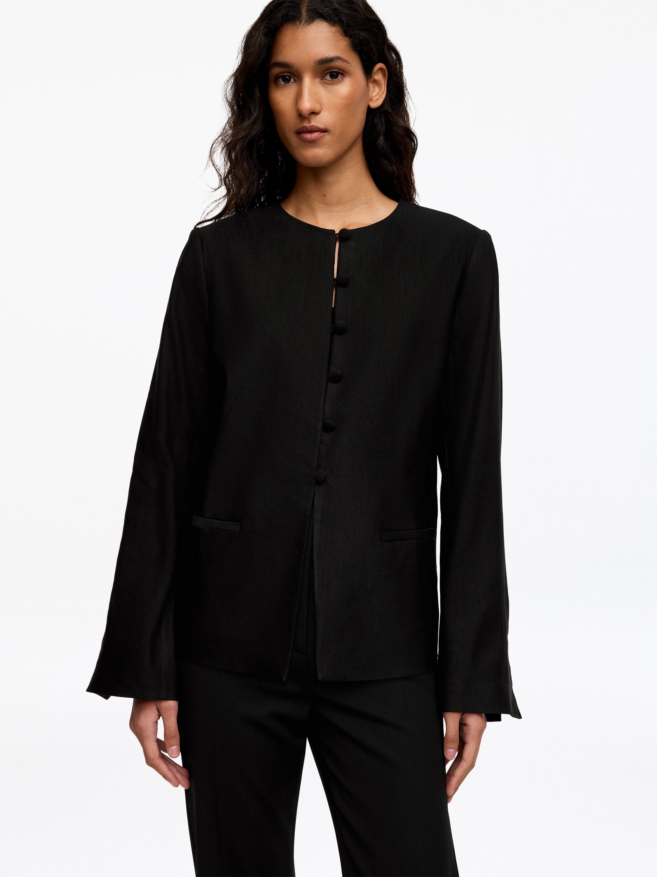 Linen-Blend Collarless Blazer - Black - Image 4