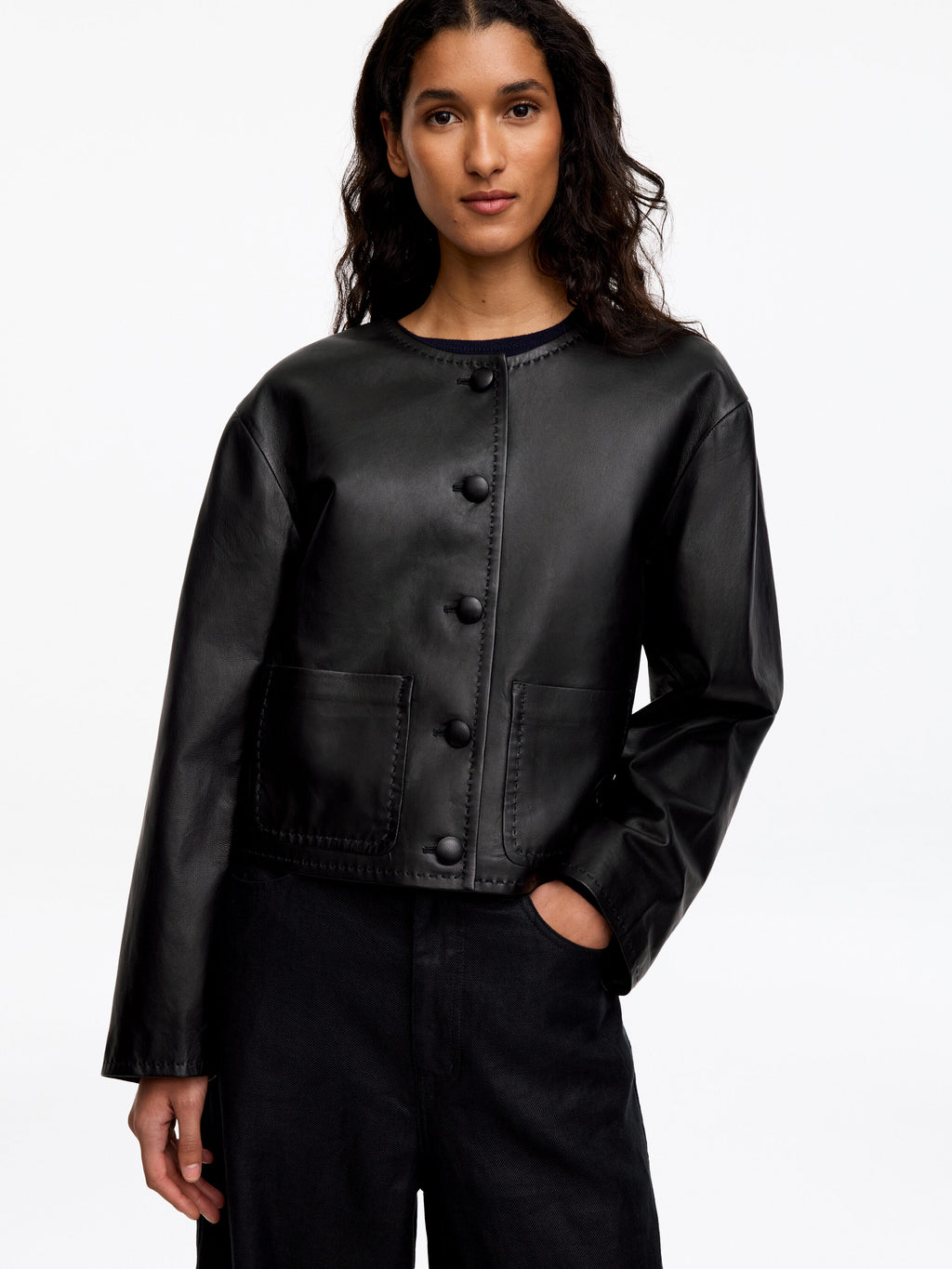 Collarless Leather Jacket - Black - Image 5