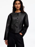 Collarless Leather Jacket - Black - Image 5