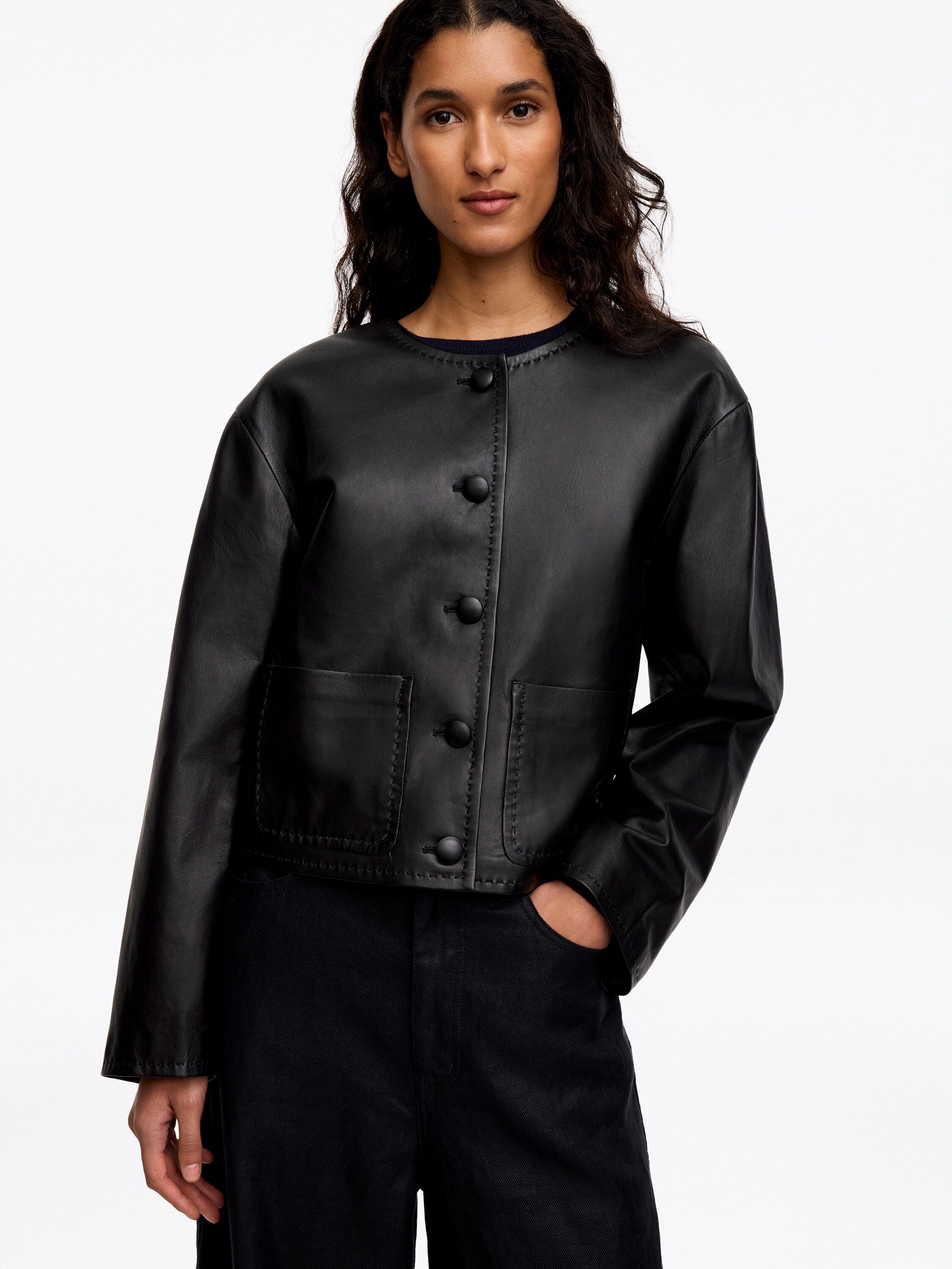 Collarless Leather Jacket - Black - Image 5