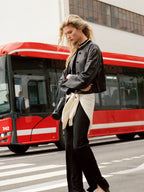 Collarless Leather Jacket - Black - Image 7
