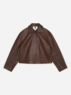 Short Leather Jacket - Brown - Image 5