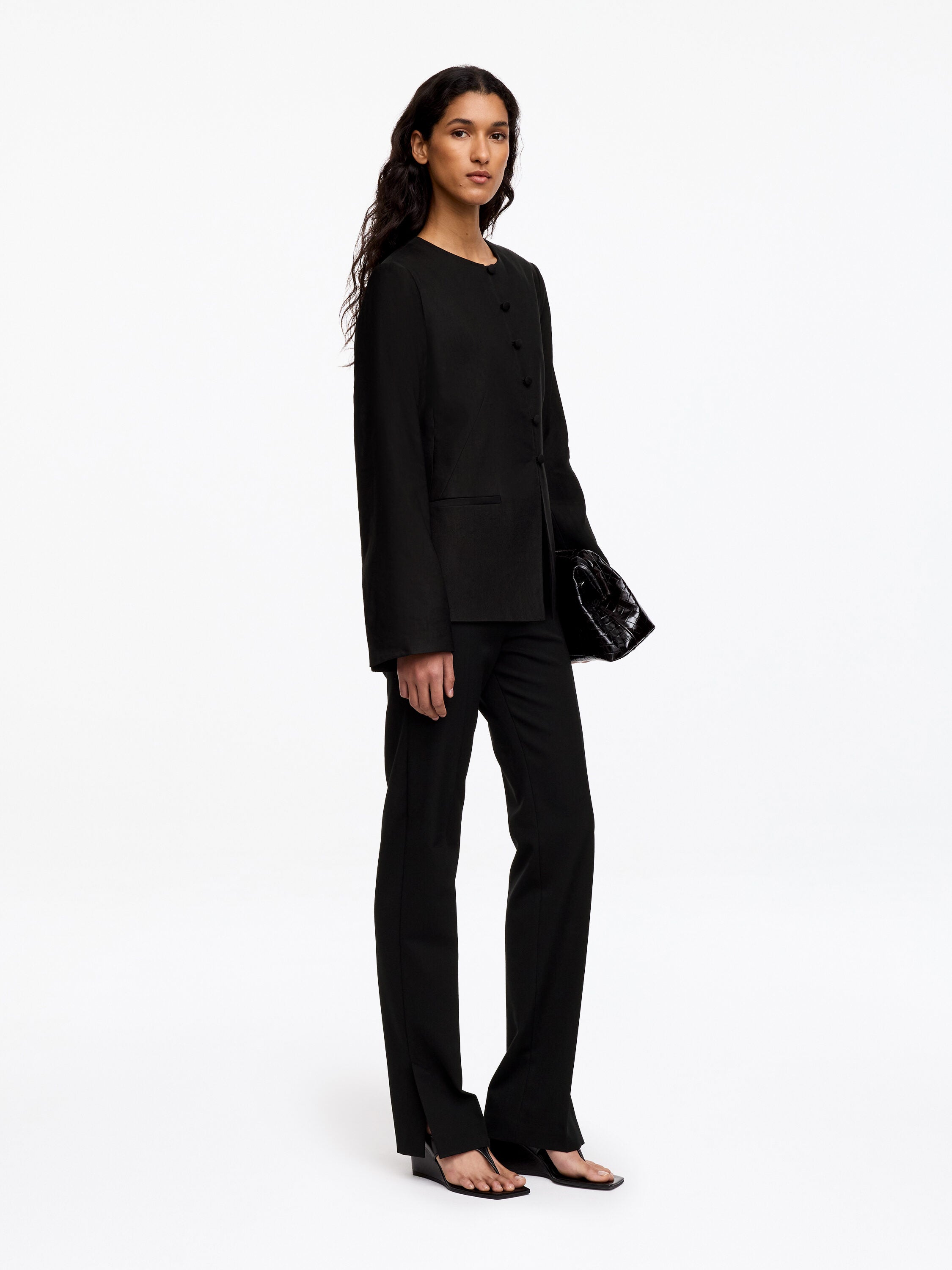 Linen-Blend Collarless Blazer - Black - Image 2
