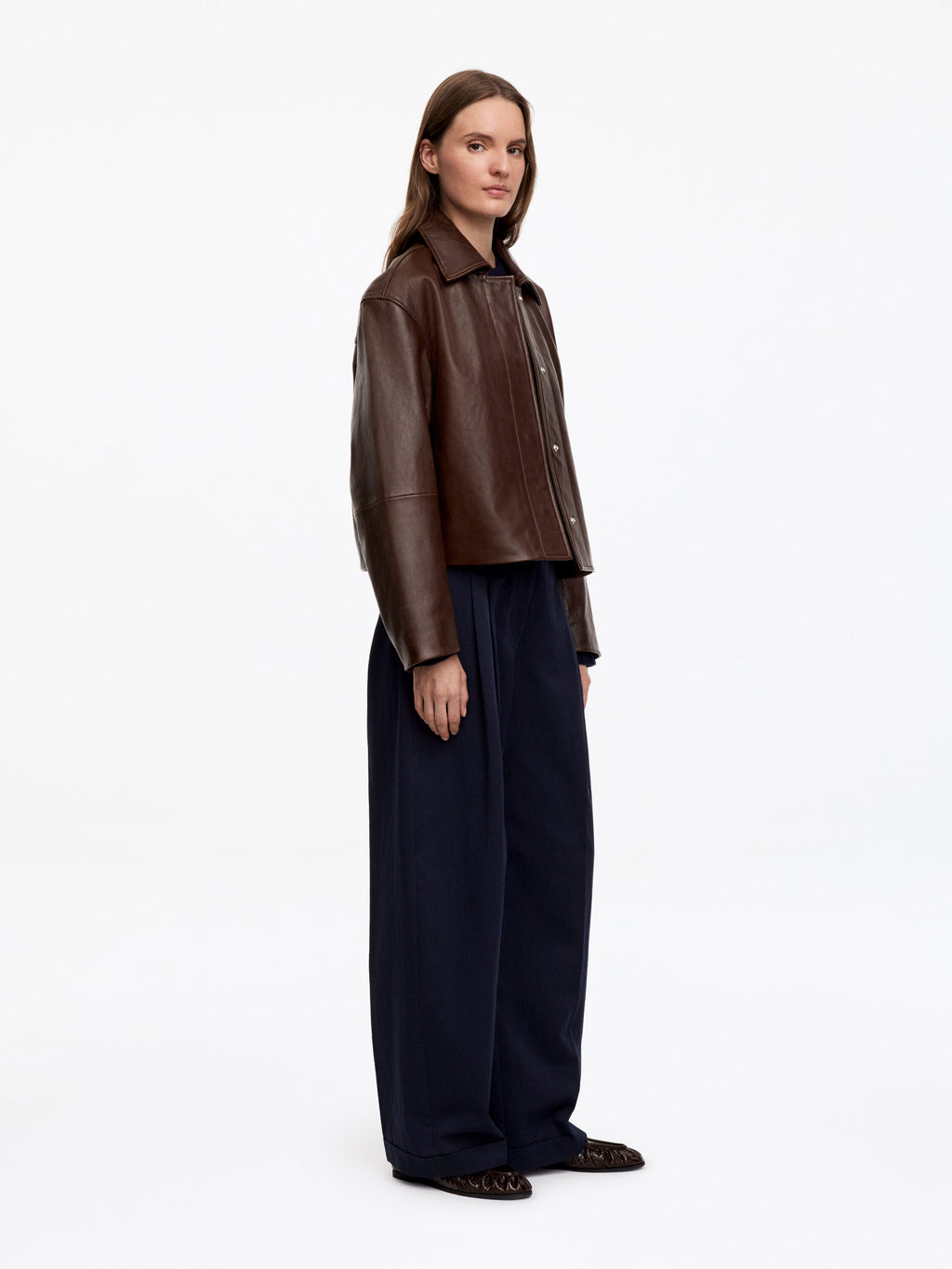 Short Leather Jacket - Brown - Image 2