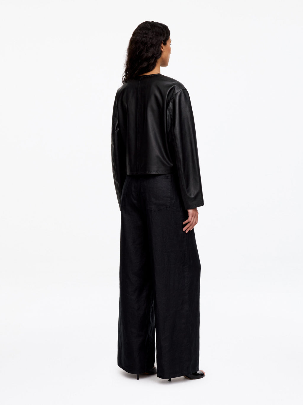 Collarless Leather Jacket - Black - Image 4