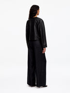 Collarless Leather Jacket - Black - Image 4