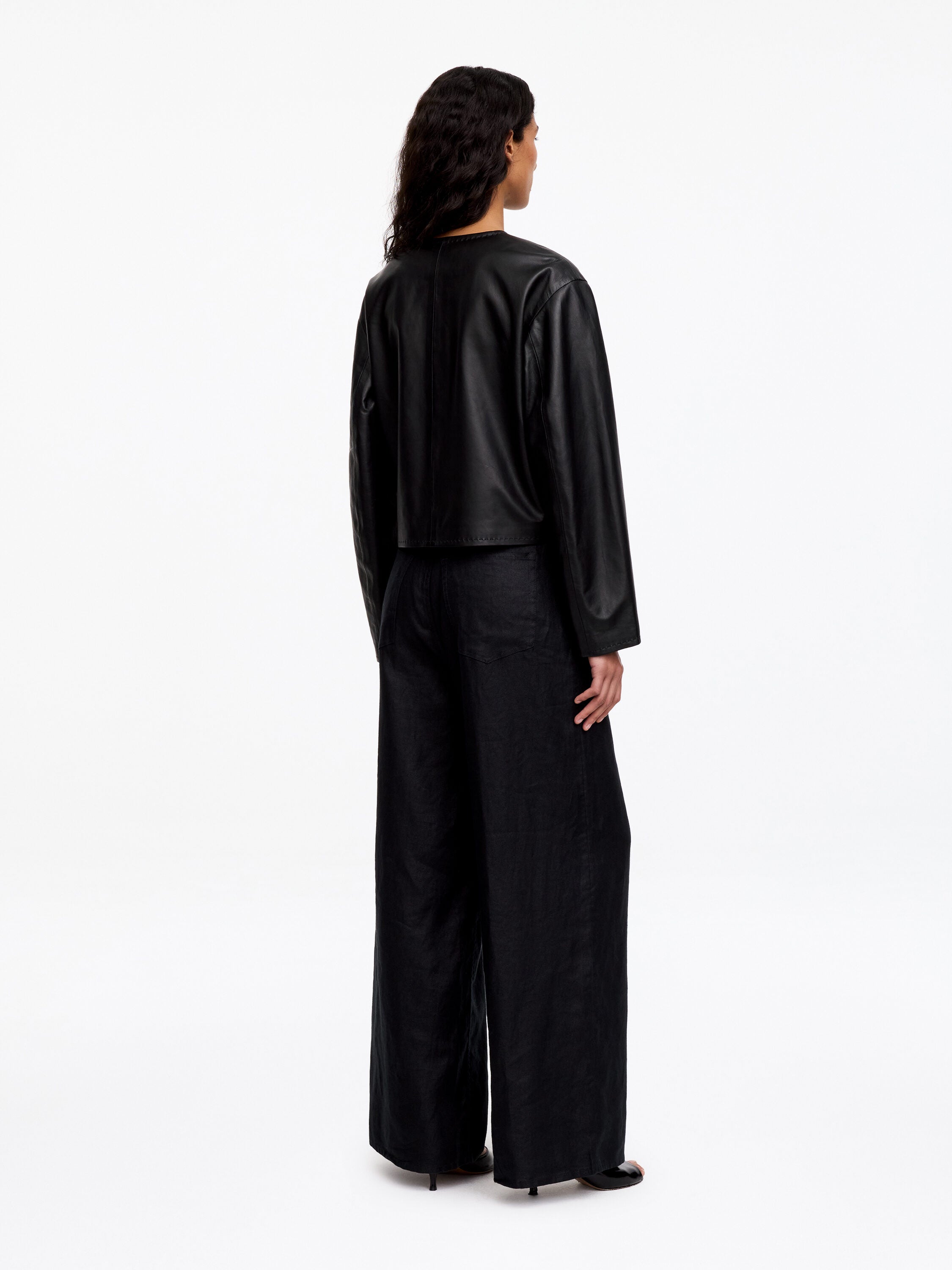 Collarless Leather Jacket - Black - Image 4
