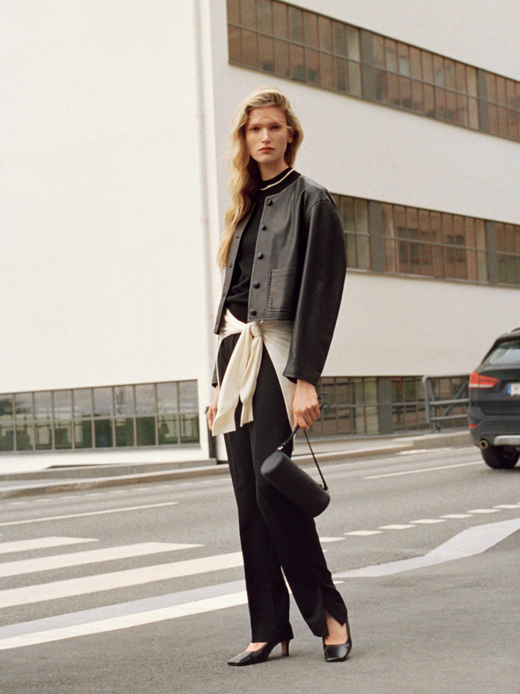 Collarless Leather Jacket - Black