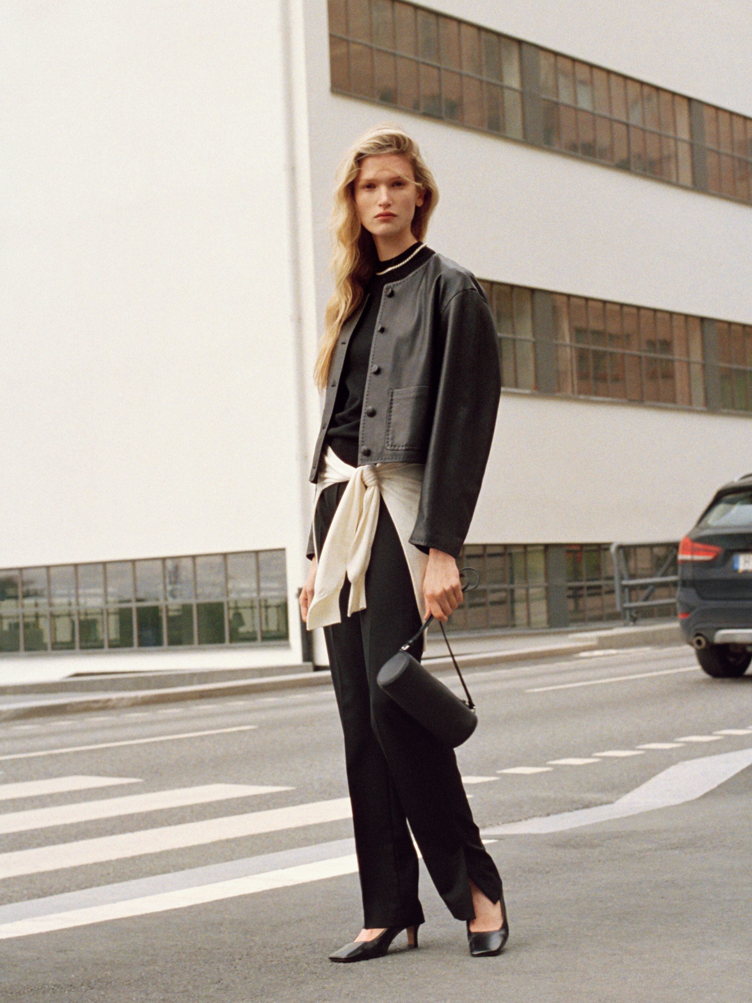 Collarless Leather Jacket - Black