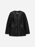 Collarless Leather Blazer - Black