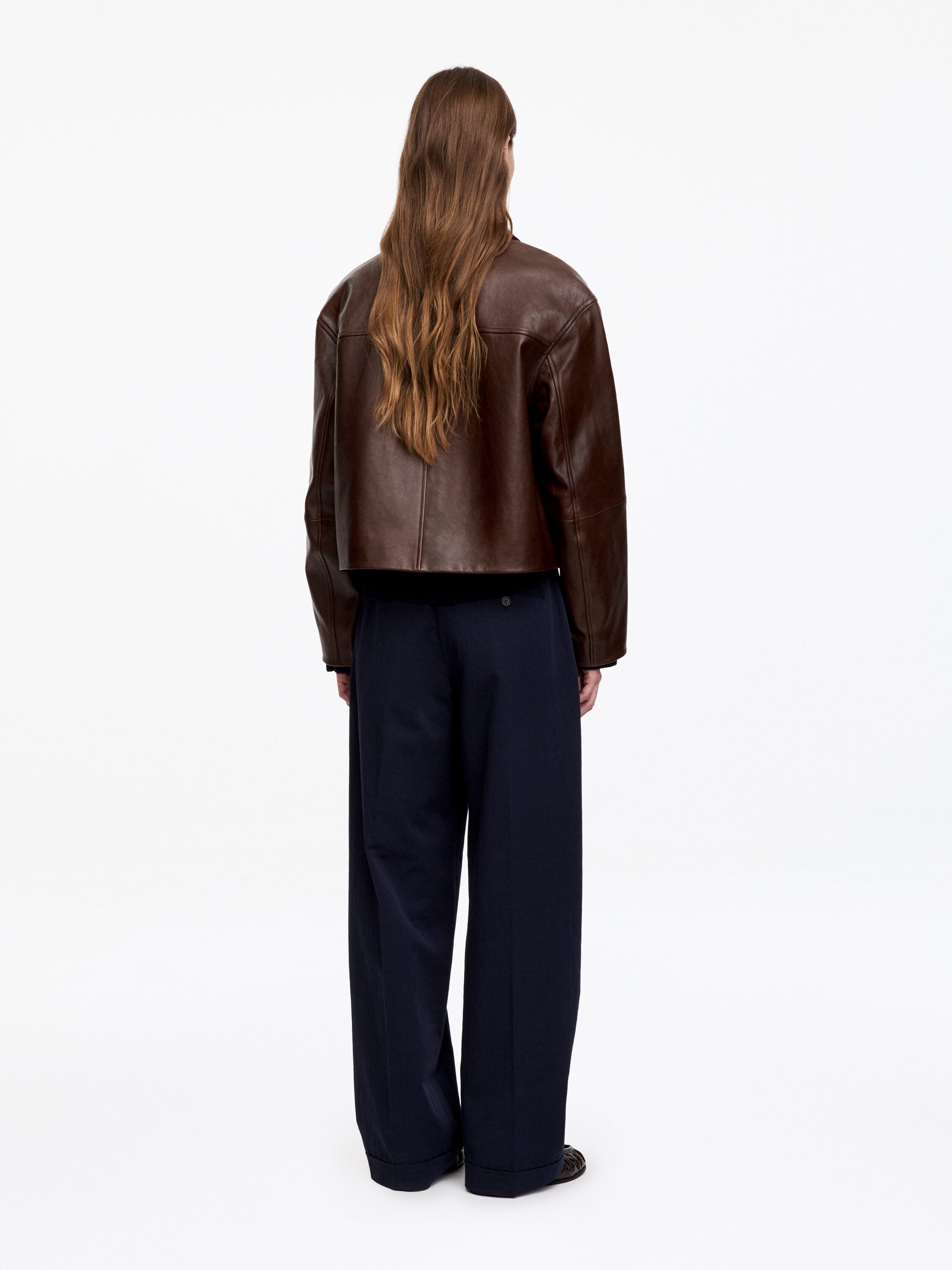 Short Leather Jacket - Brown - Image 3