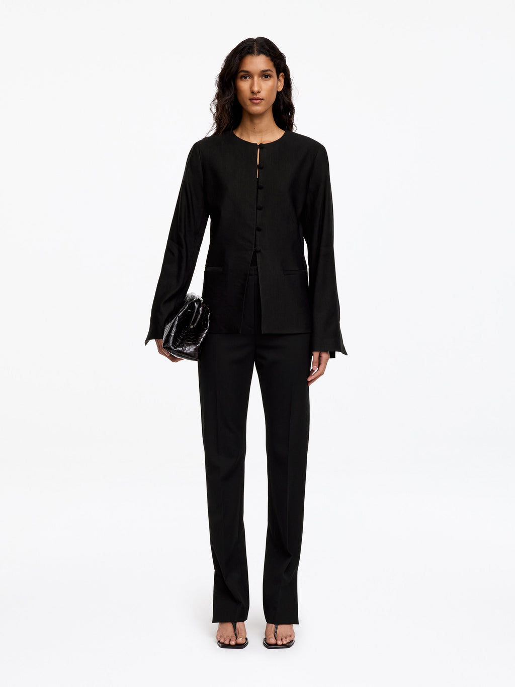 Linen-Blend Collarless Blazer - Black