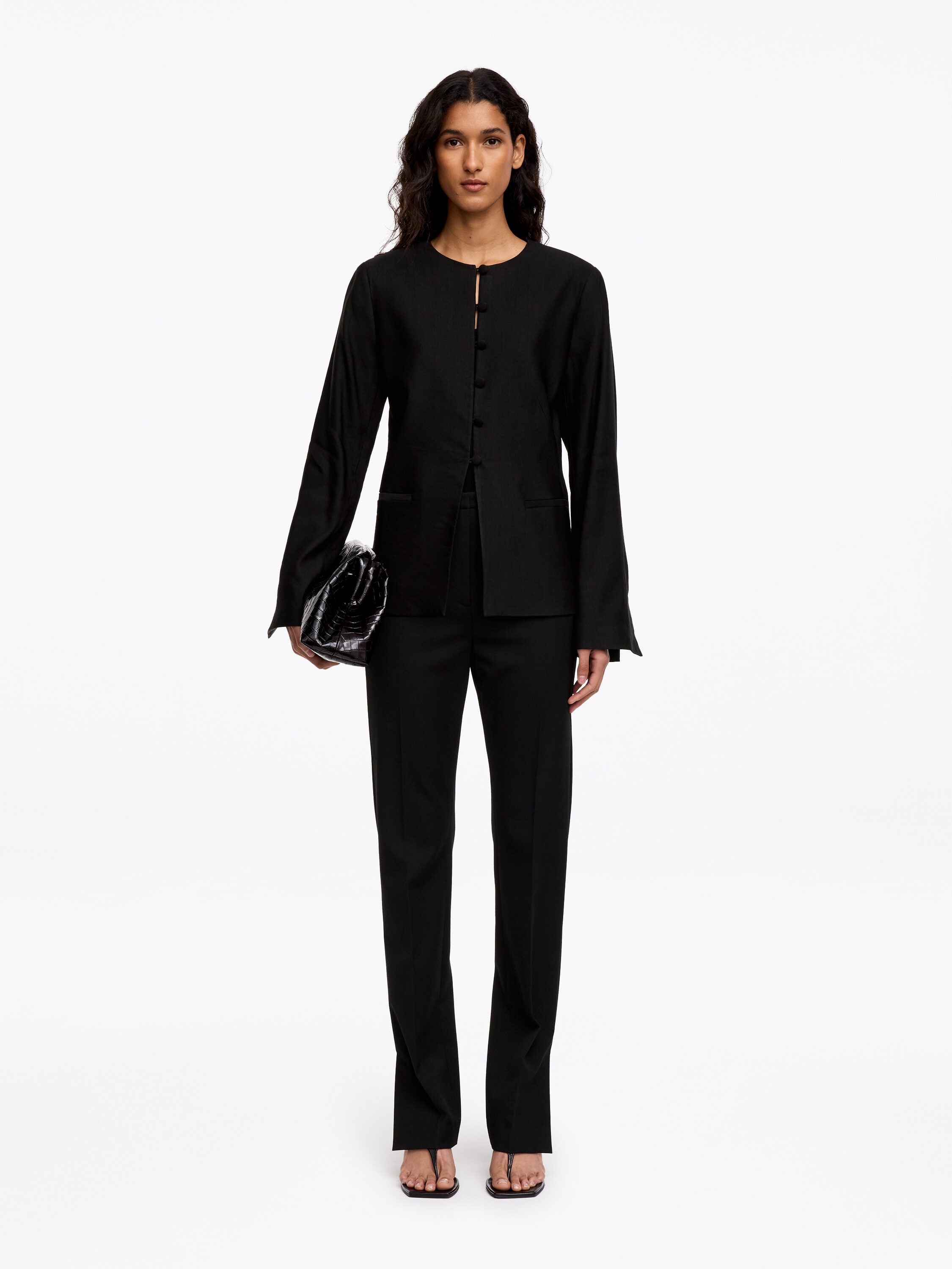 Linen-Blend Collarless Blazer - Black