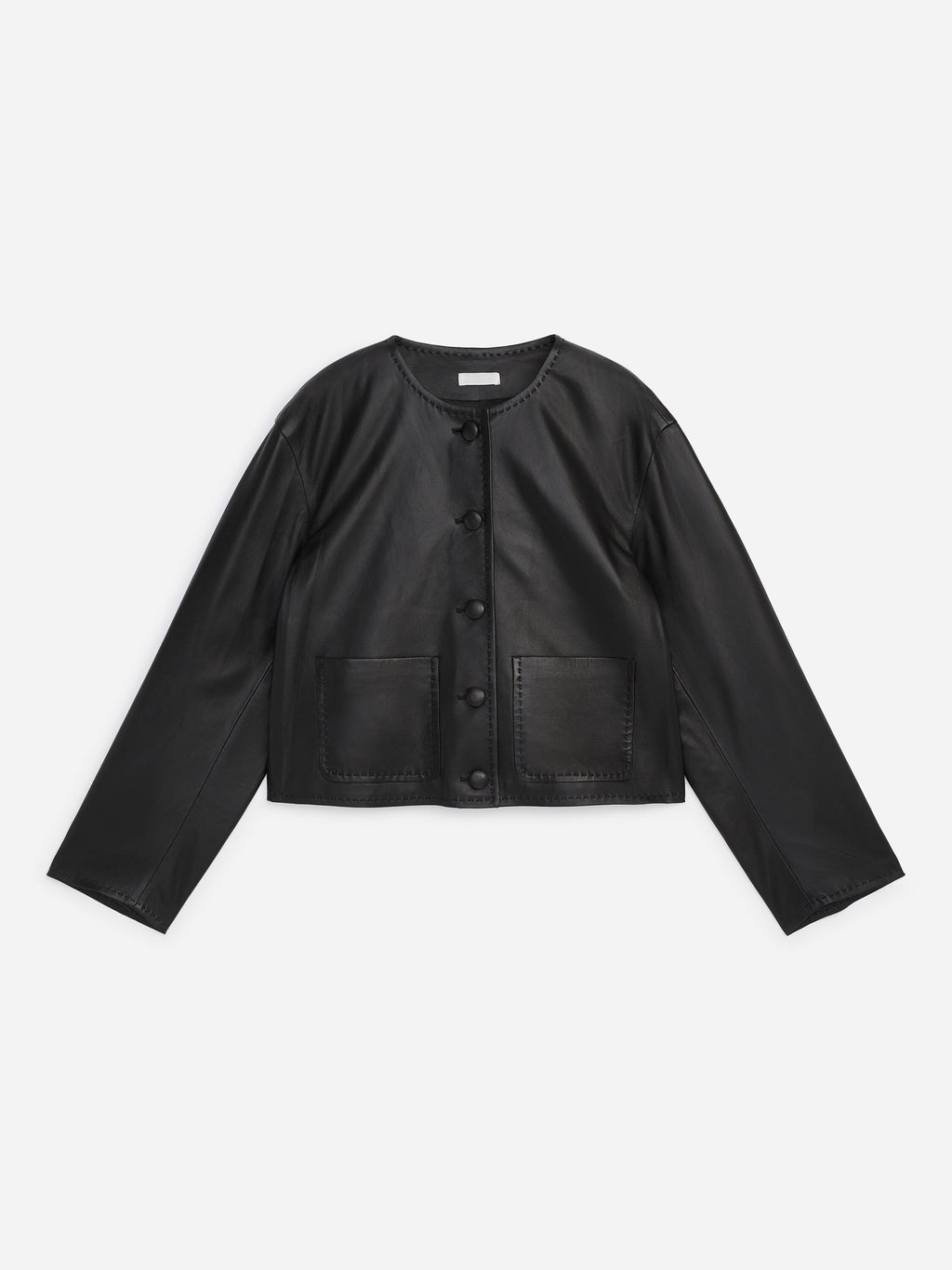 Collarless Leather Jacket - Black - Image 6