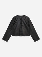 Collarless Leather Jacket - Black - Image 6