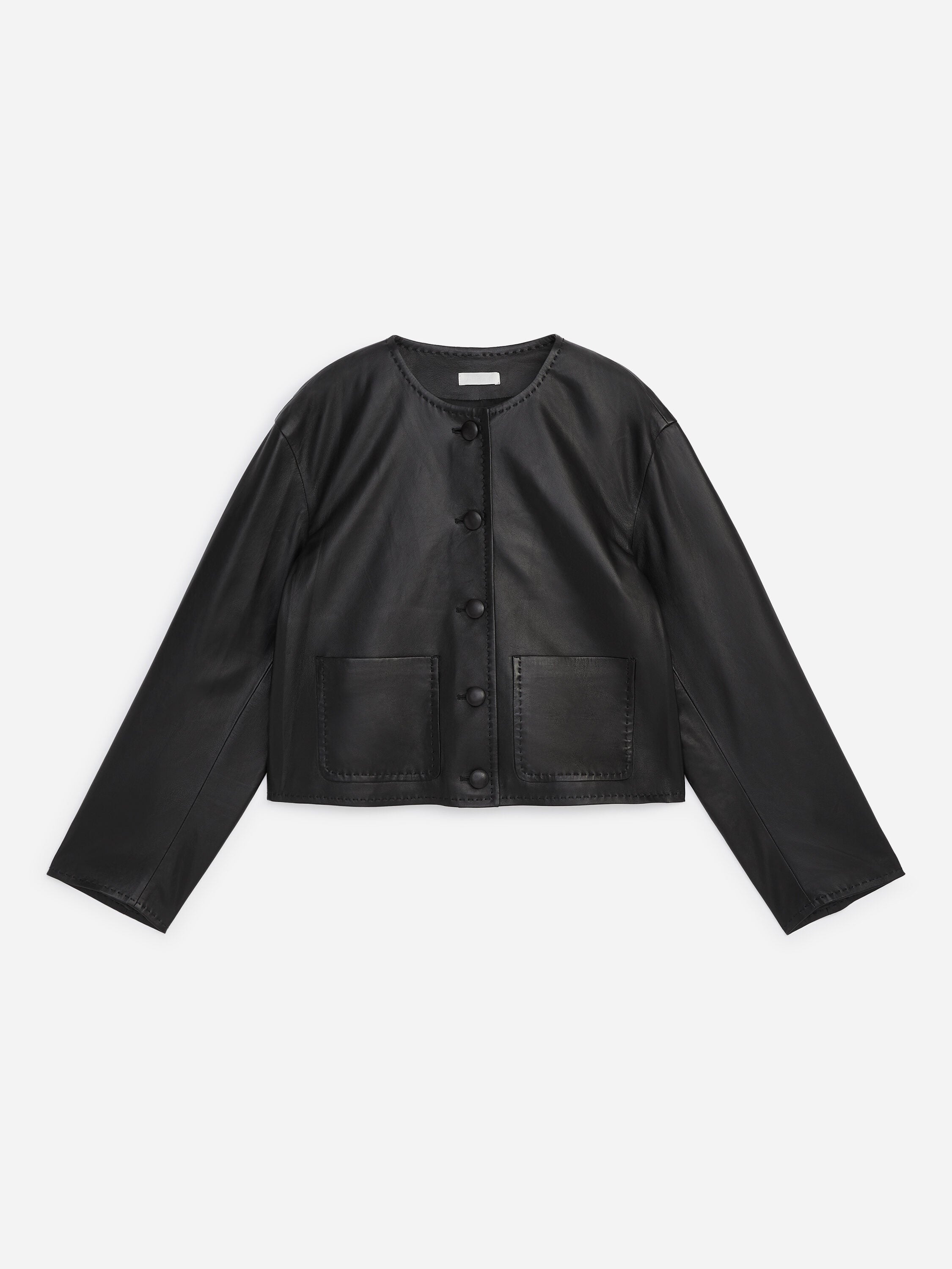 Collarless Leather Jacket - Black - Image 6