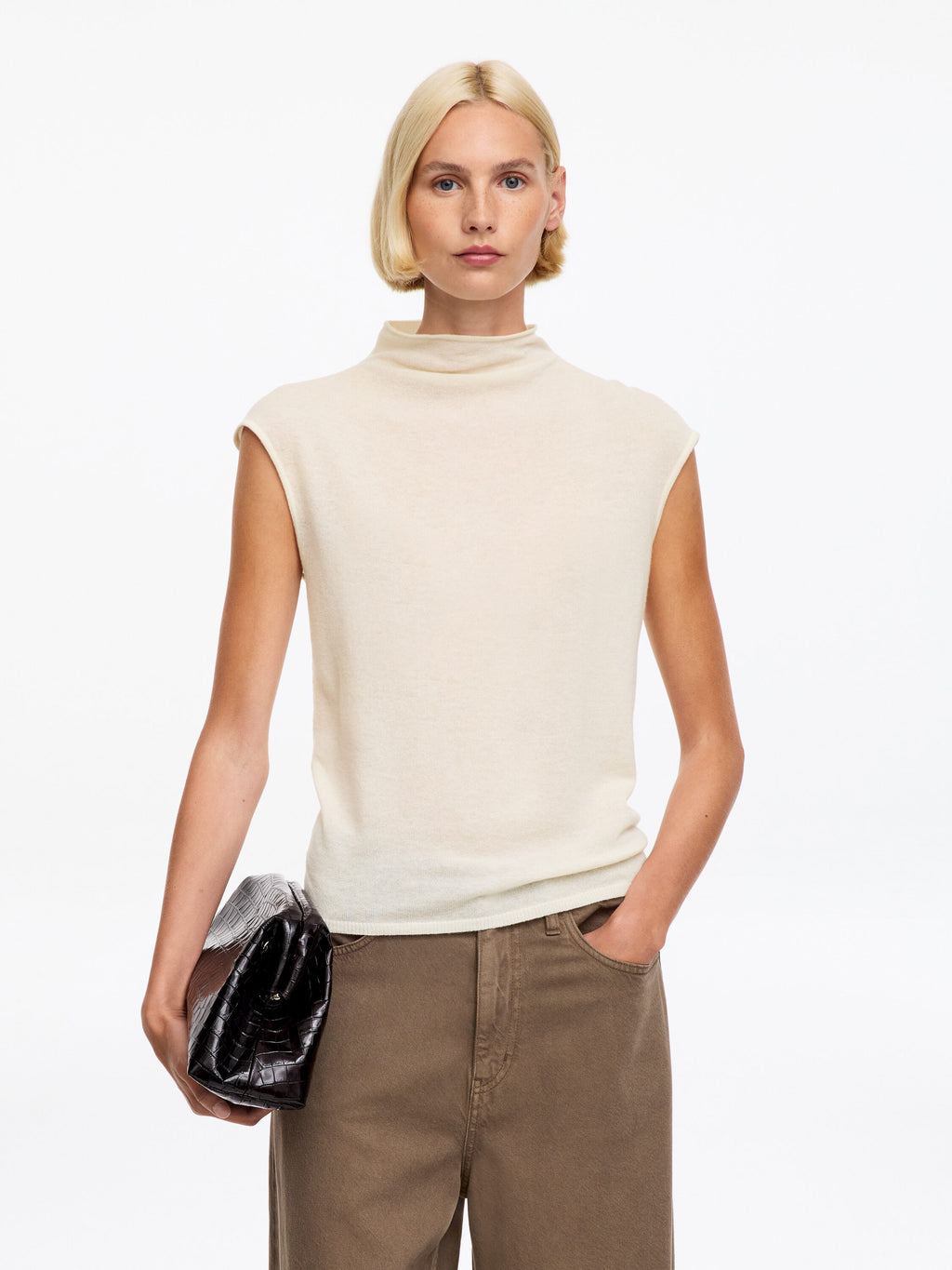 Pure Cashmere Mock-Neck Top - White
