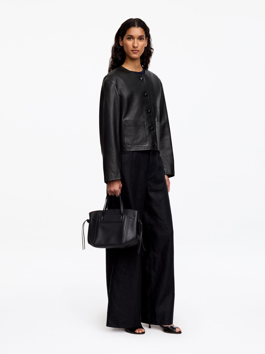 Collarless Leather Jacket - Black - Image 3