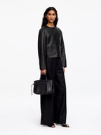 Collarless Leather Jacket - Black - Image 3