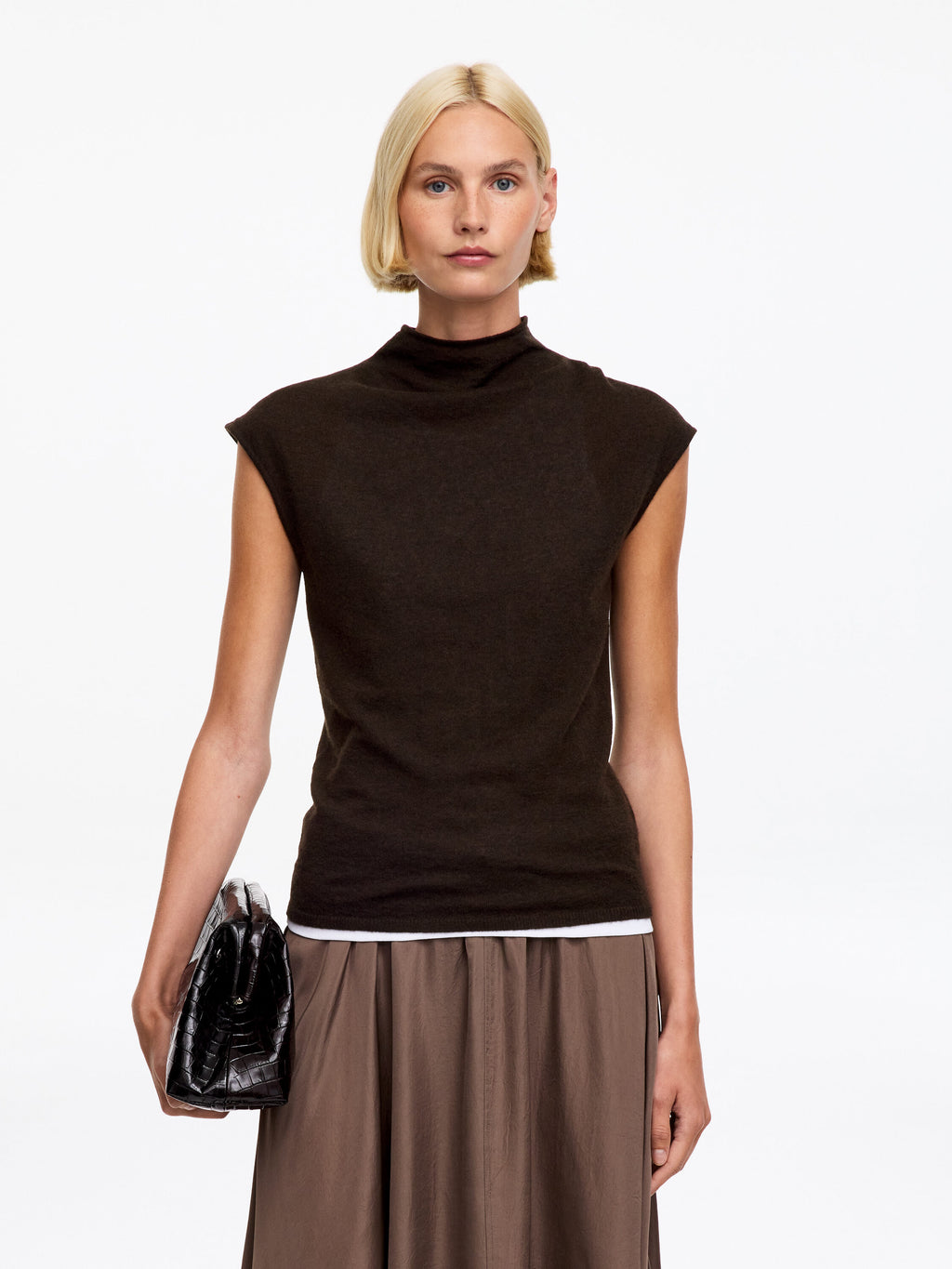 Pure Cashmere Mock-Neck Top - Brown