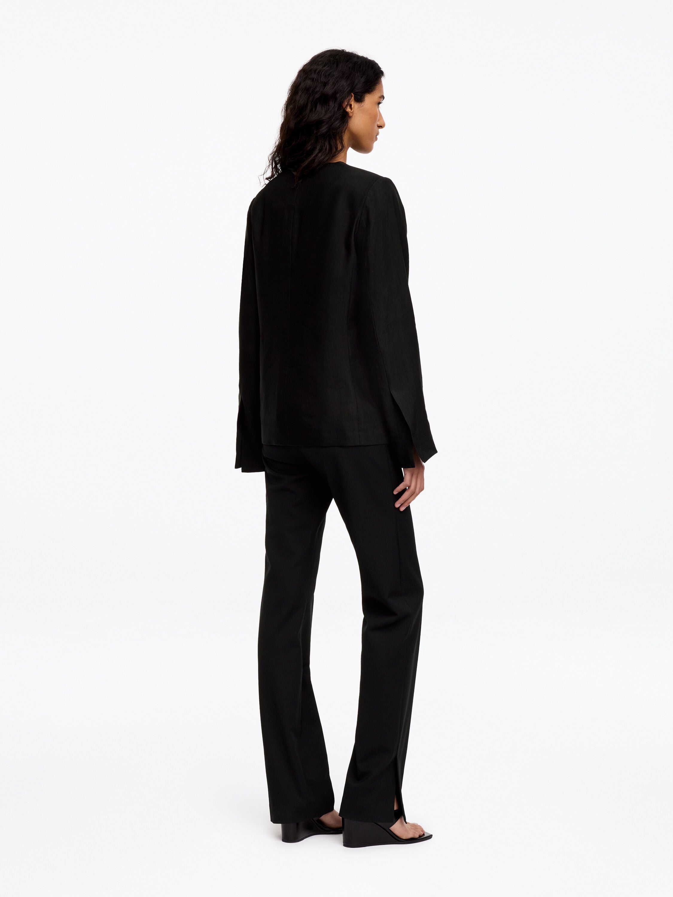 Linen-Blend Collarless Blazer - Black - Image 3