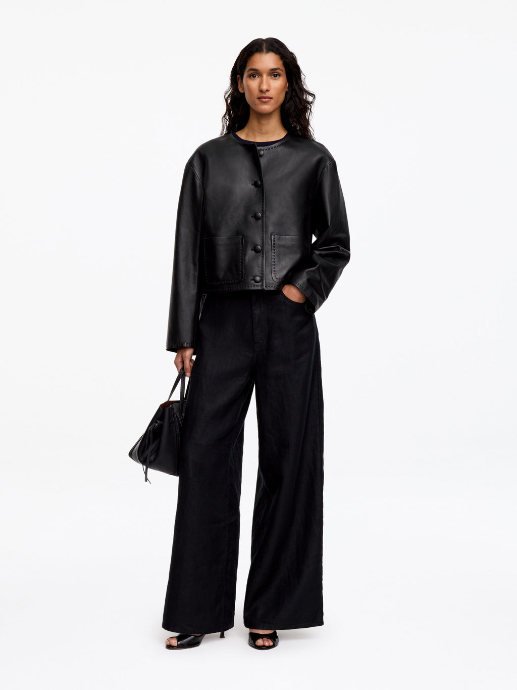 Collarless Leather Jacket - Black - Image 2