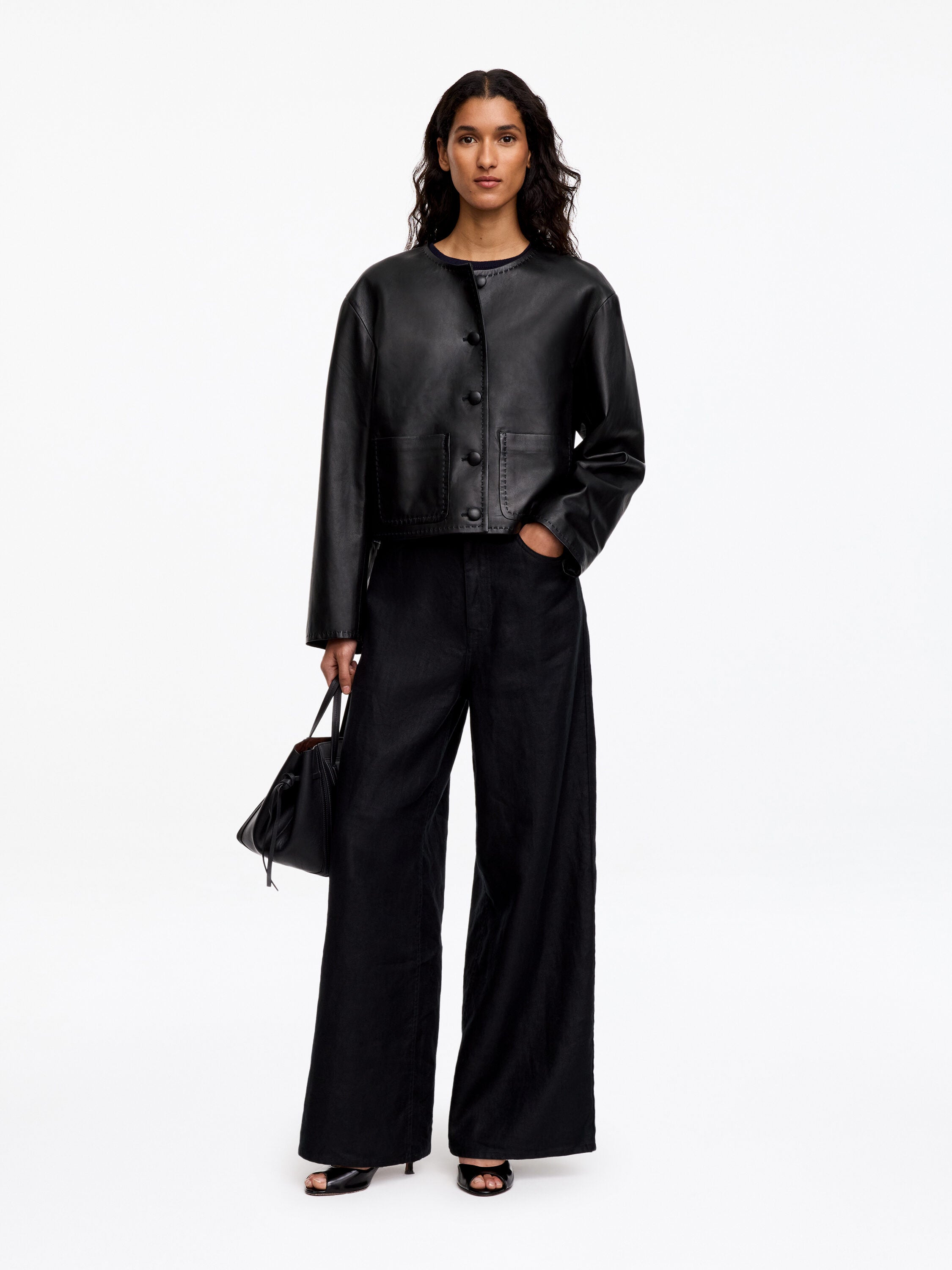 Collarless Leather Jacket - Black - Image 2